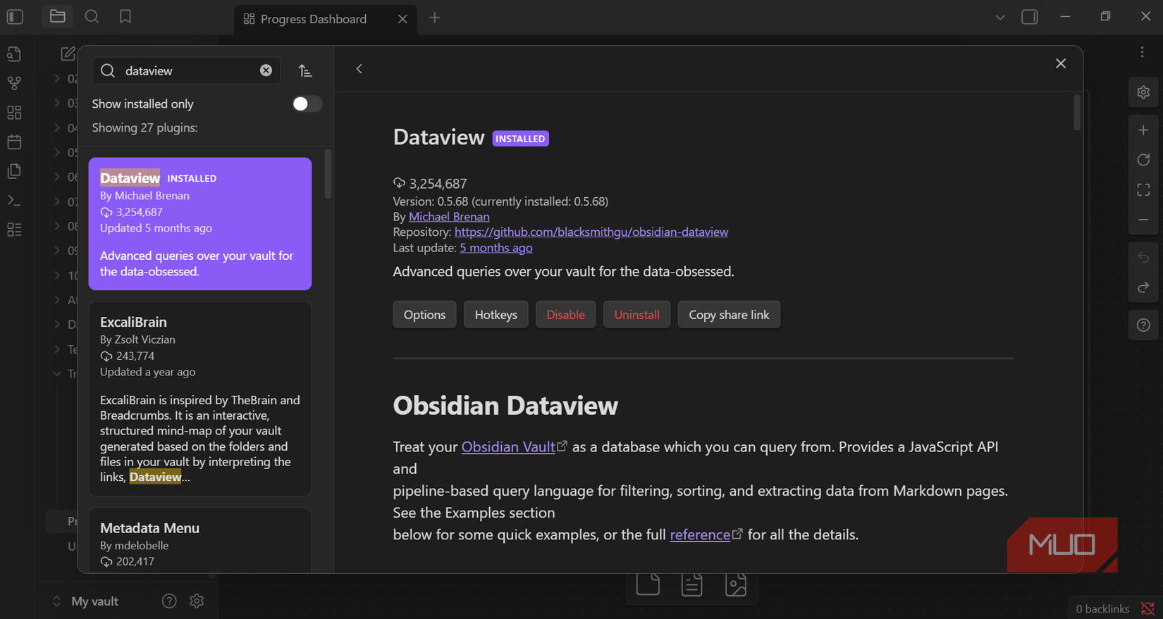 Dataview از افزونه های جامعه Obsidian
