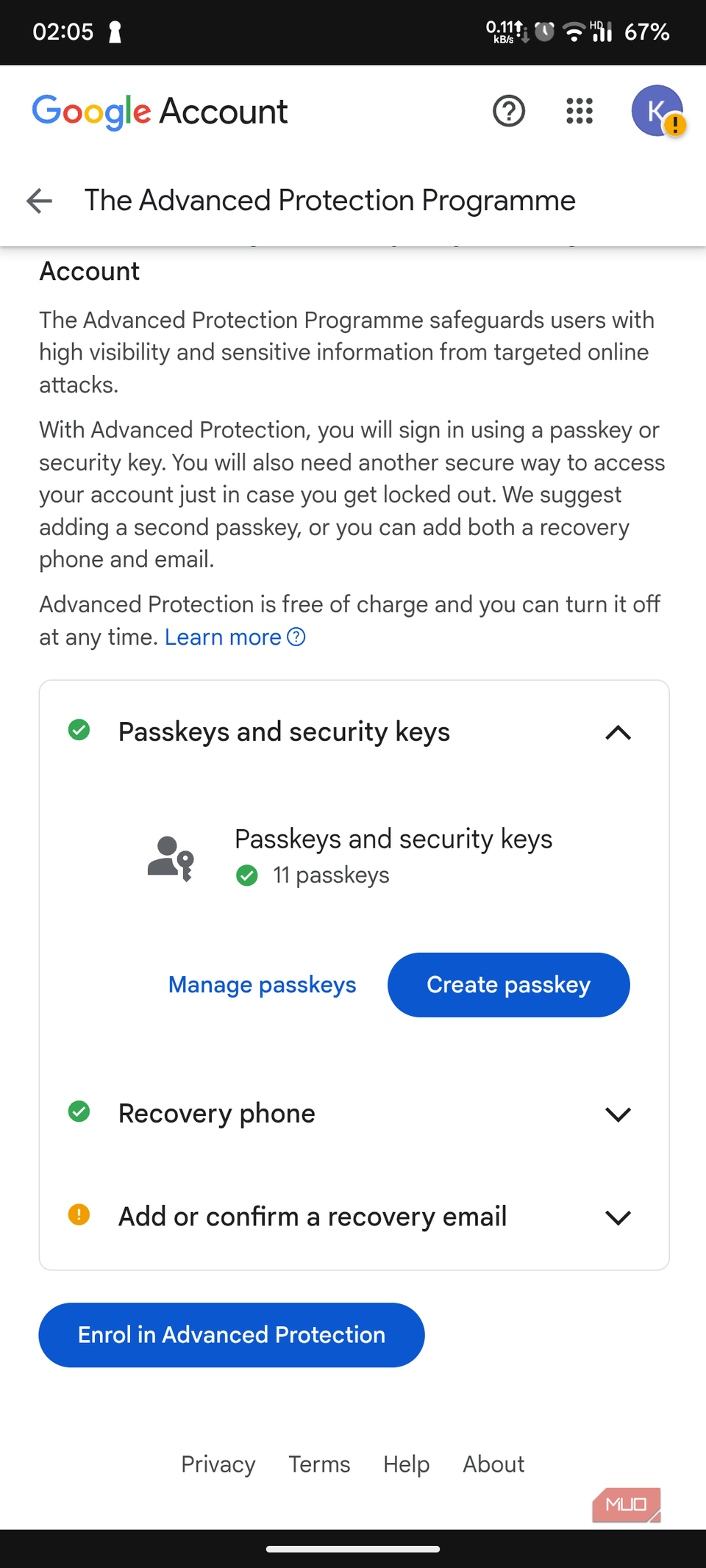 تنظیمات PassKeys در داشبورد برنامه محافظت پیشرفته.