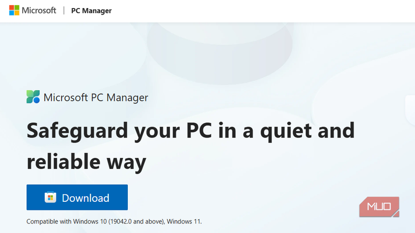 صفحه اصلی وب سایت Microsoft PC Manager با یک دکمه بارگیری.