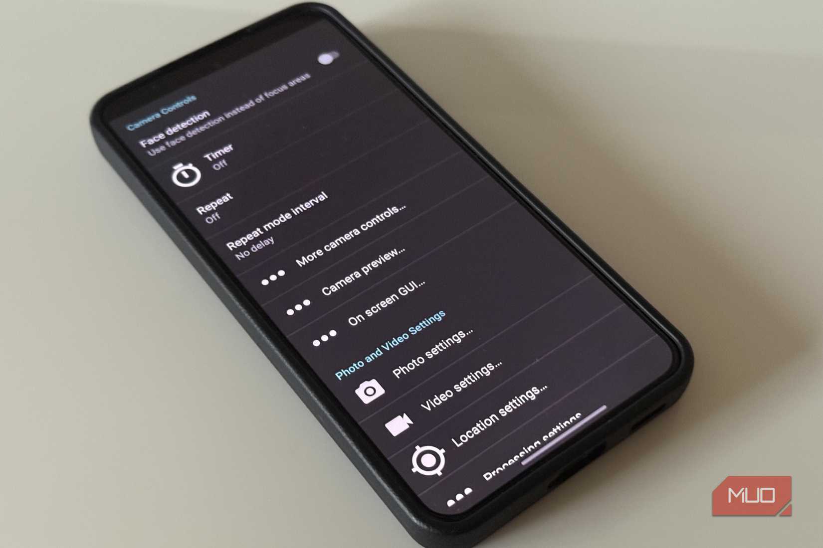 Phone showing Open Camera settings menu