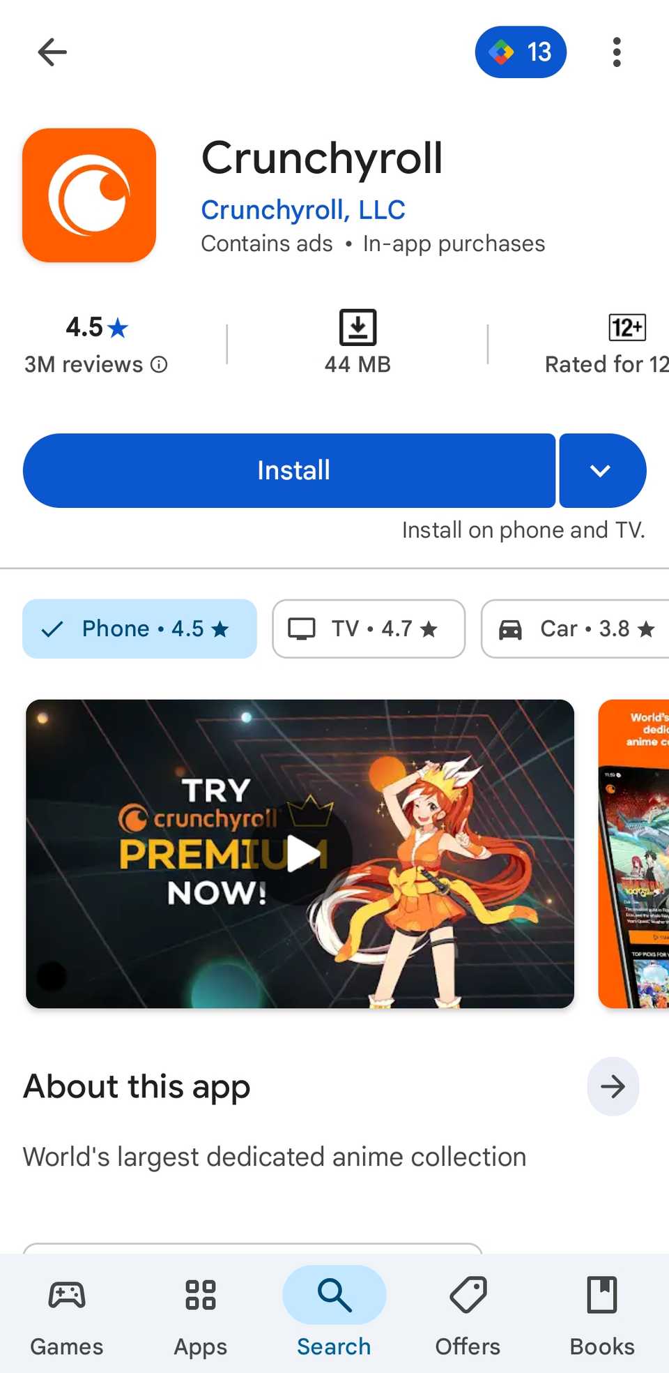فروشگاه را در تلفن Android که برنامه Crunchyroll را نشان می دهد بازی کنید