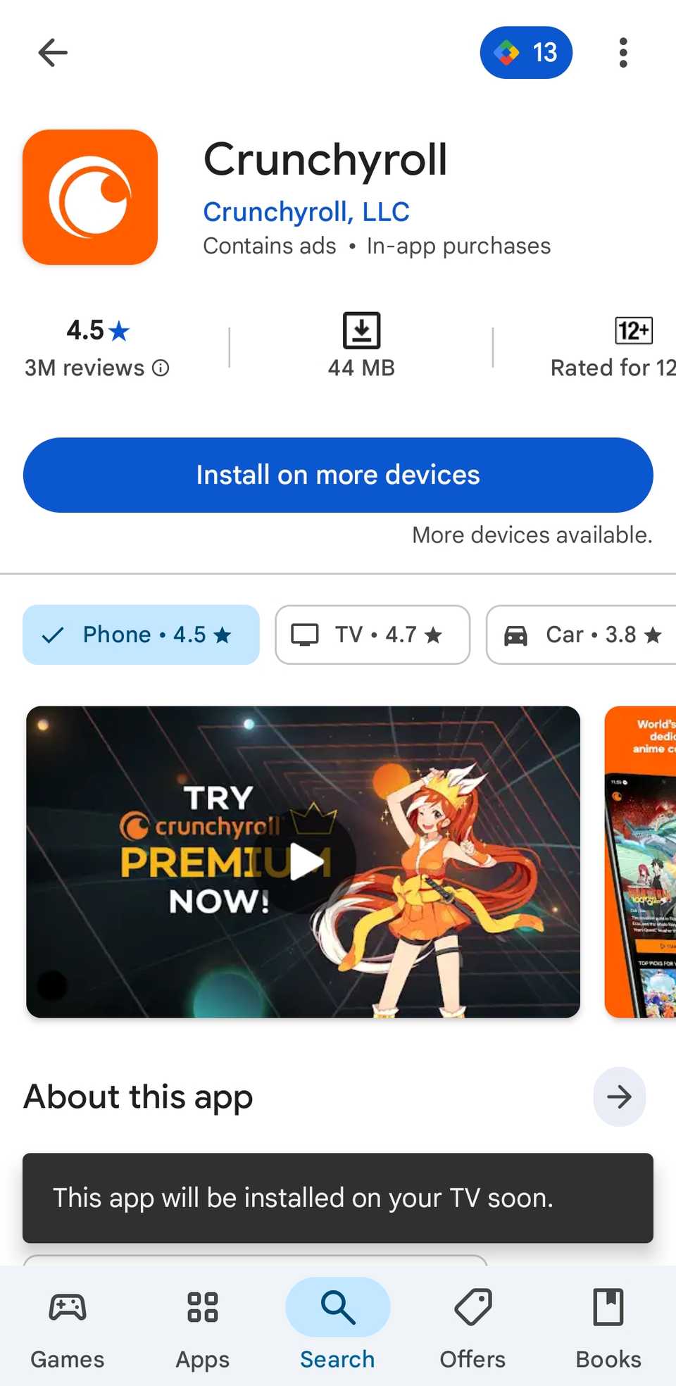 فروشگاه را از طریق تلفن نشان دهید که برنامه Crunchyroll را نشان می دهد