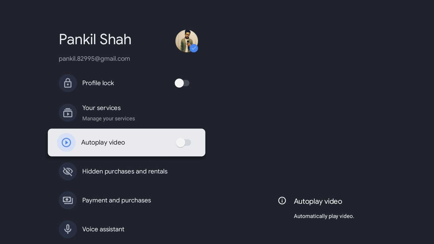 منوی تنظیمات پروفایل در Google TV
