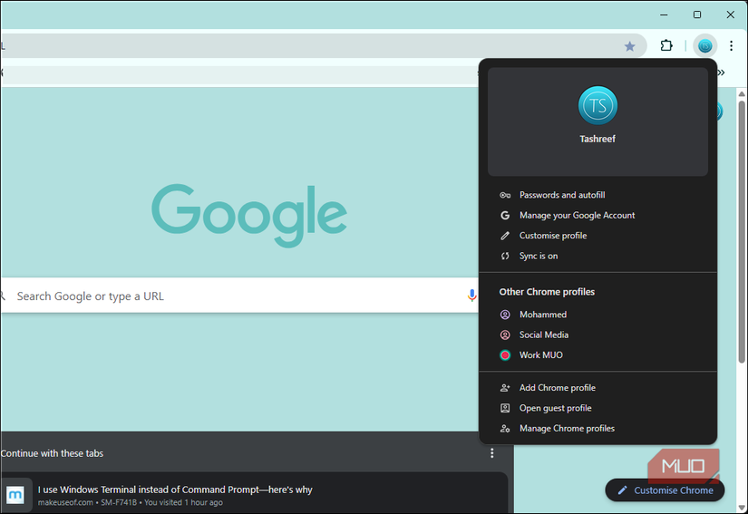 منوی پروفایل در مرورگر Google Chrome در ویندوز 11 باز می شود