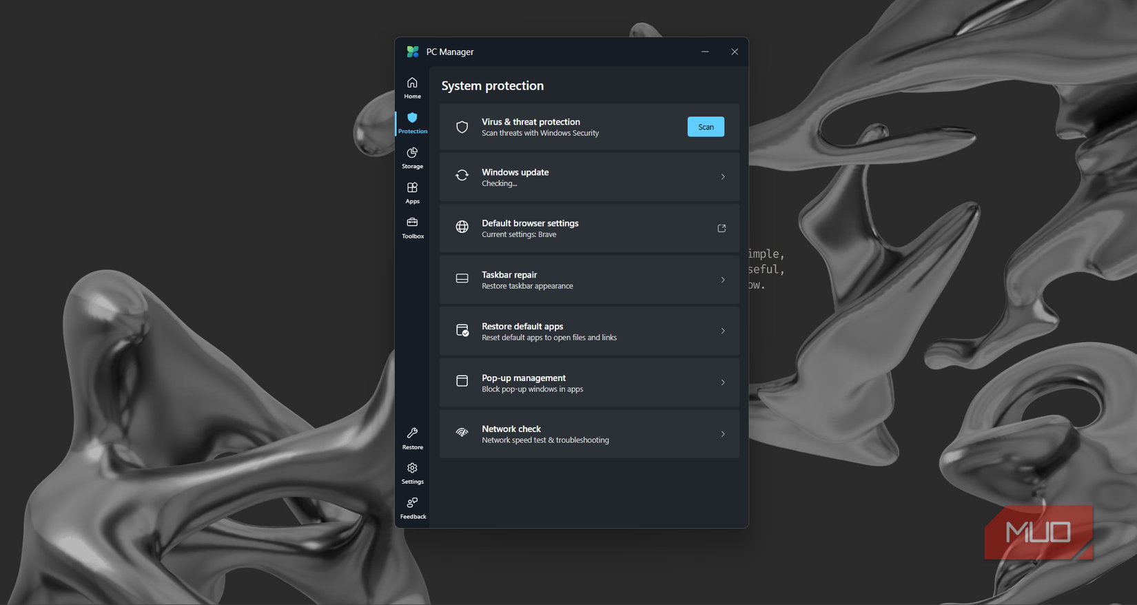برگه محافظت در برنامه Microsoft PC Manager.