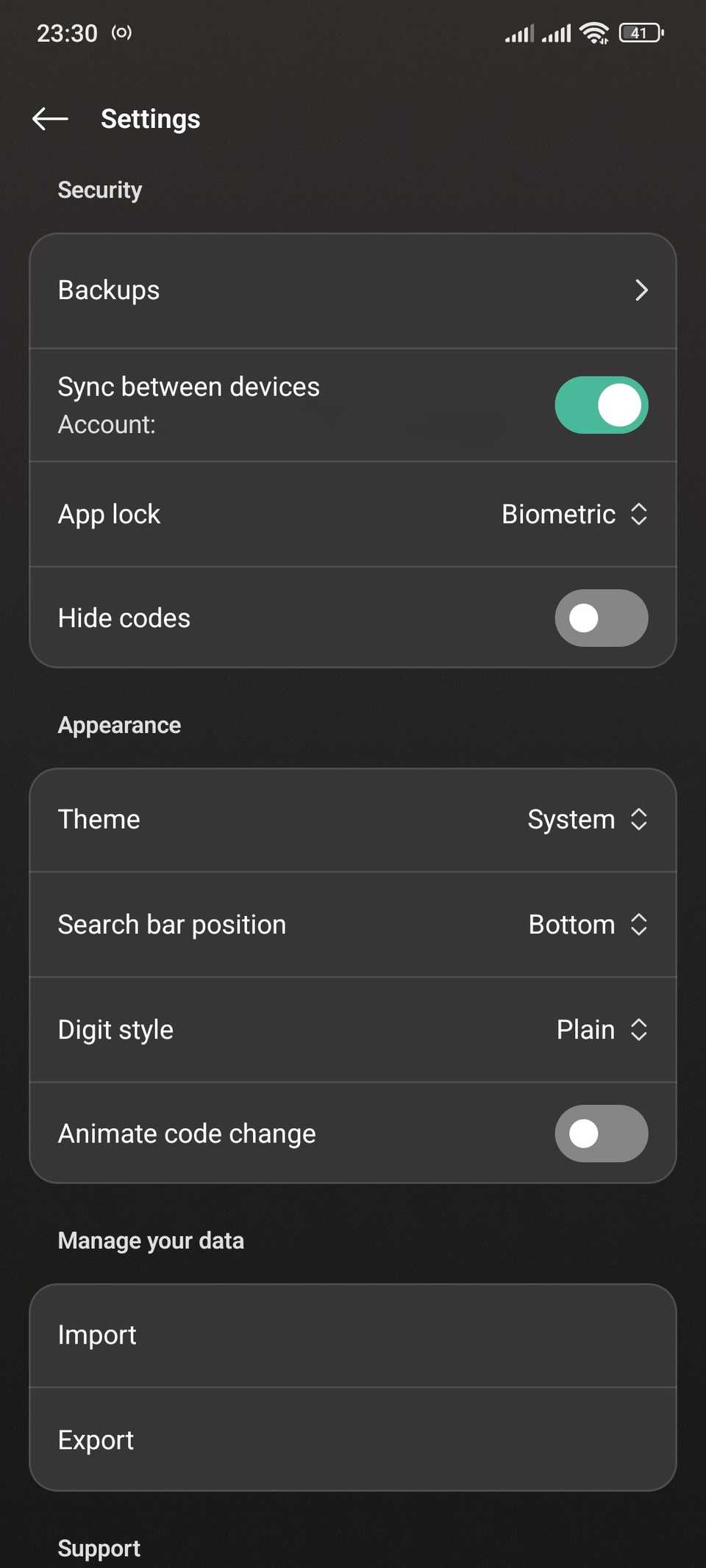 تنظیمات تأیید اعتبار پروتون در برنامه Android با گزینه واردات.