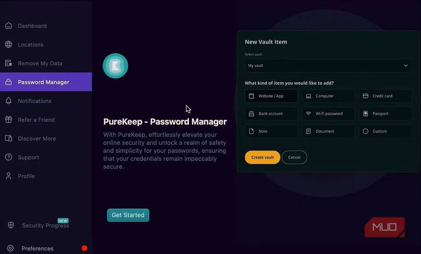 منوی مدیر رمز عبور PureVPN