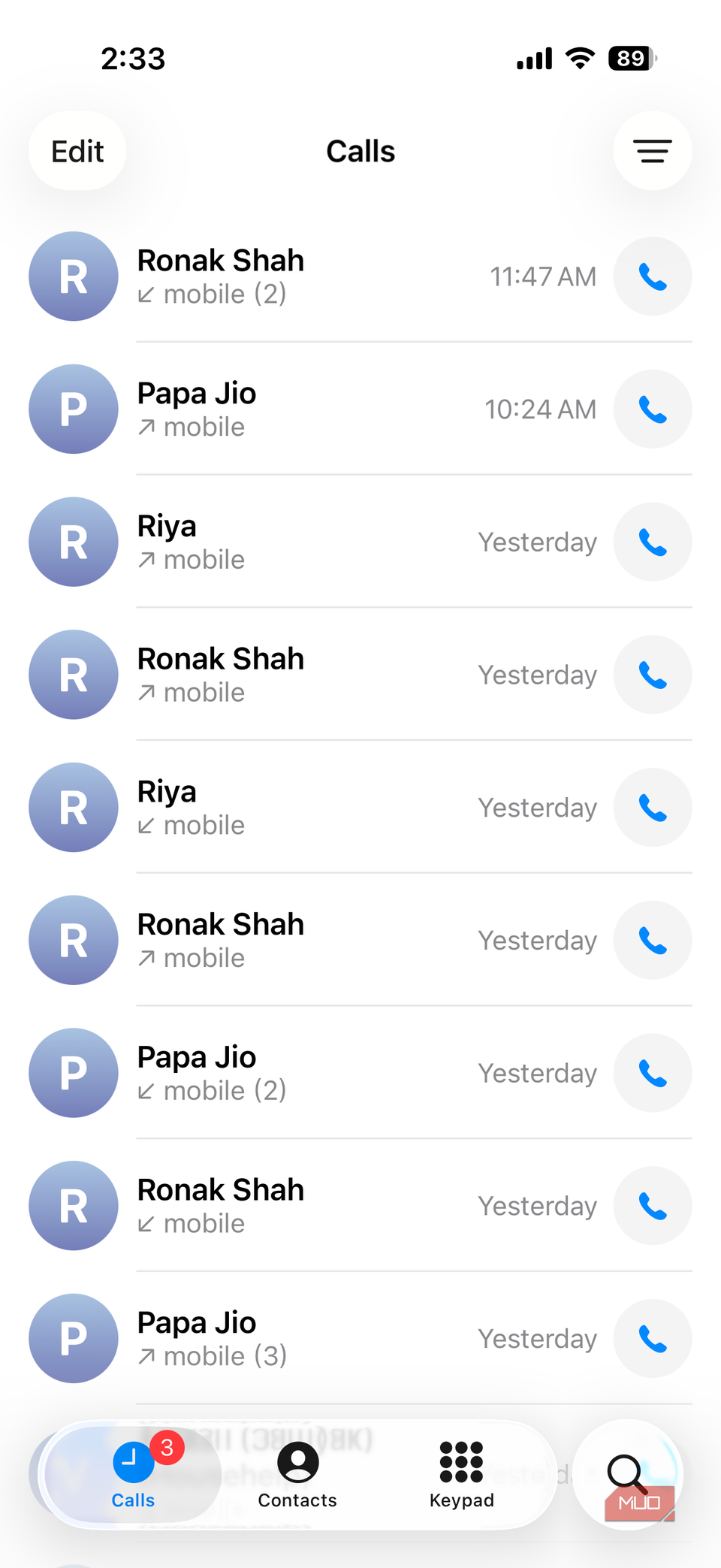 برگه Recents در برنامه تلفن آیفون