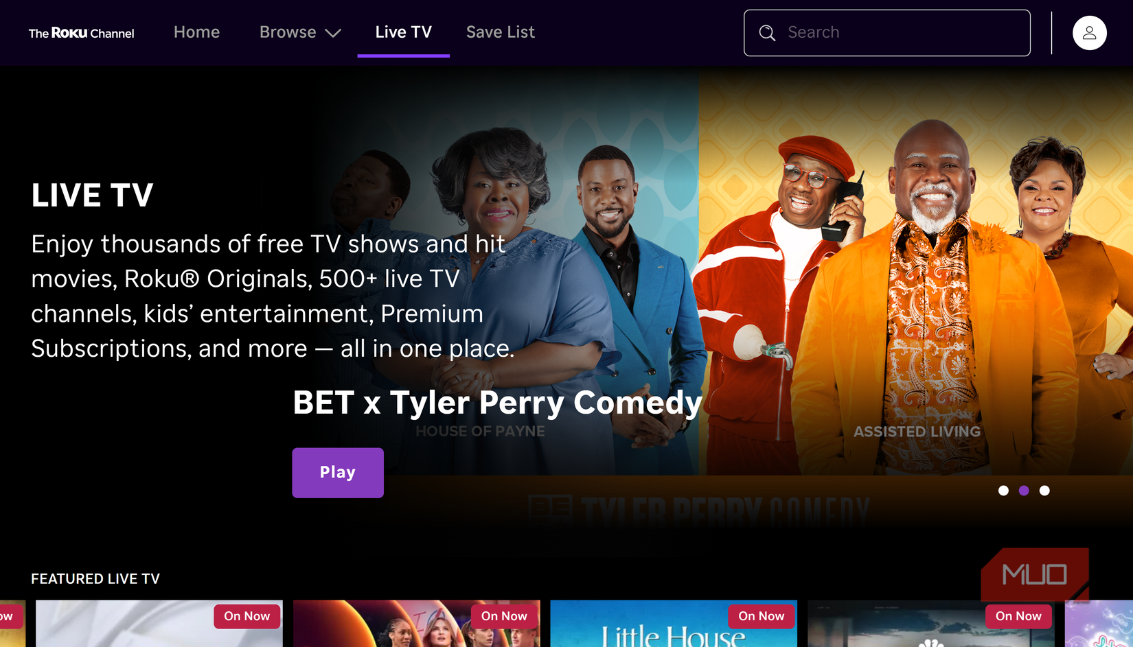 صفحه اصلی تلویزیون Roku Live.