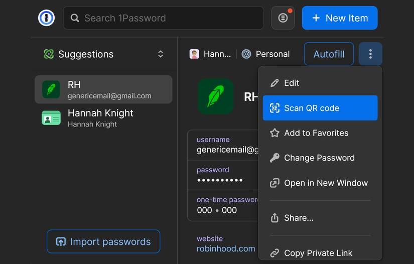 اسکن یک کد QR برای اضافه کردن کد QR دو عامل جدید QR به 1Password