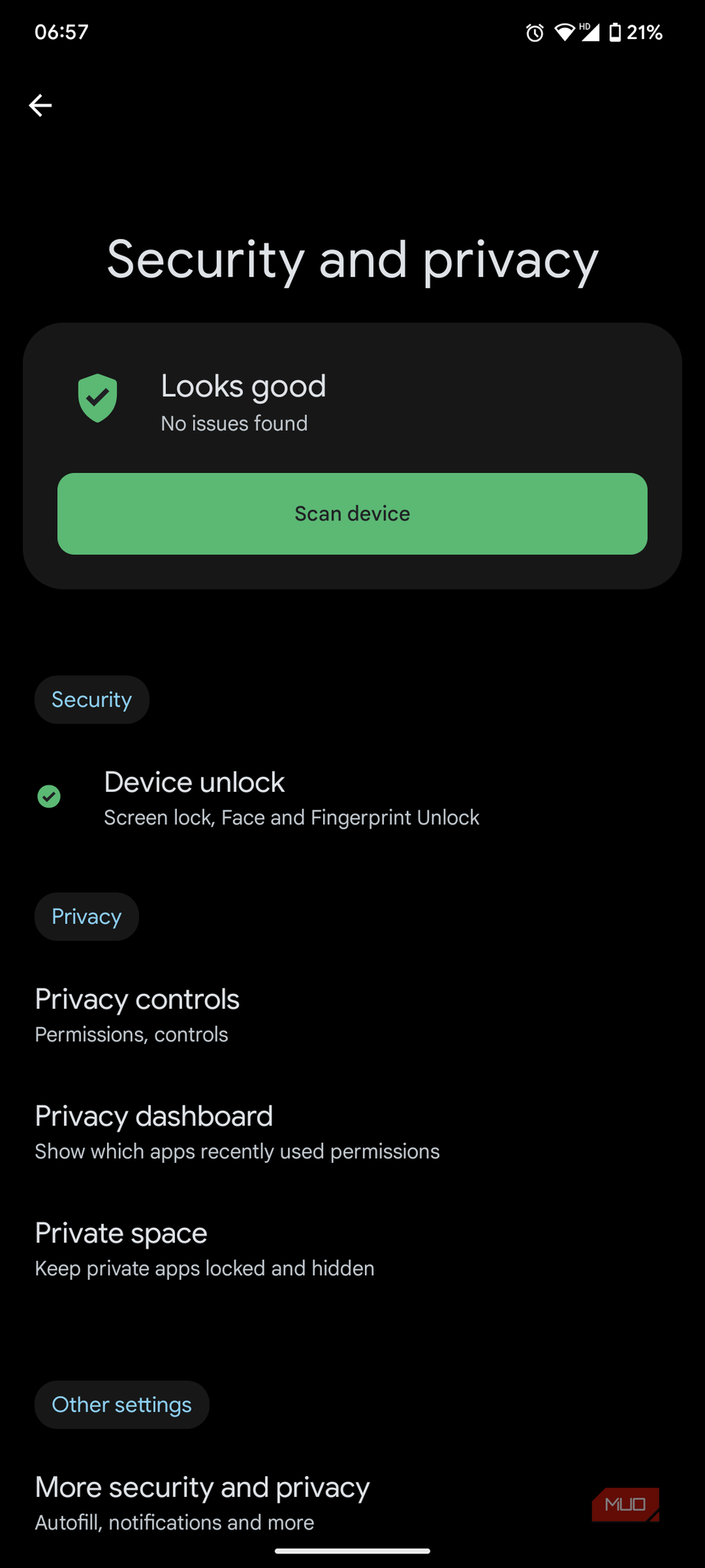 داشبورد امنیت و حریم خصوصی در برنامه تنظیمات Android با کلیه تنظیمات امنیتی.