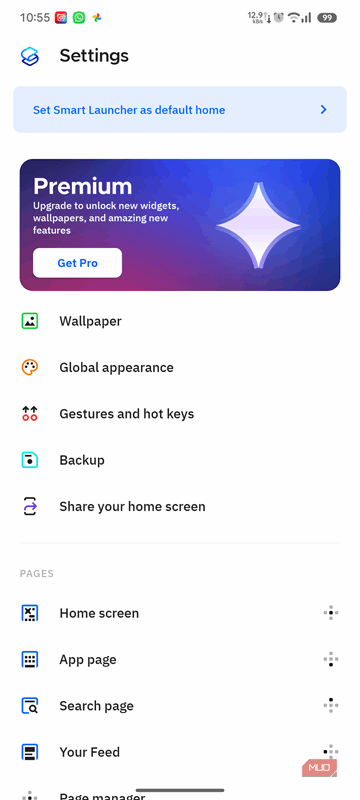 Smart Launcher 6 صفحه اصلی تنظیمات پیش فرض با کشو برنامه با گزینه های سفارشی سازی.