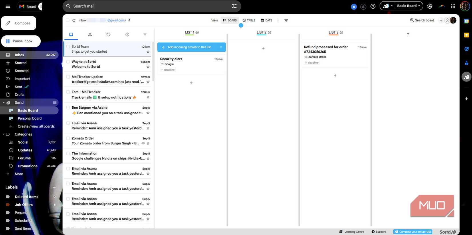 پسوند sortd در حال اجرا در Gmail.