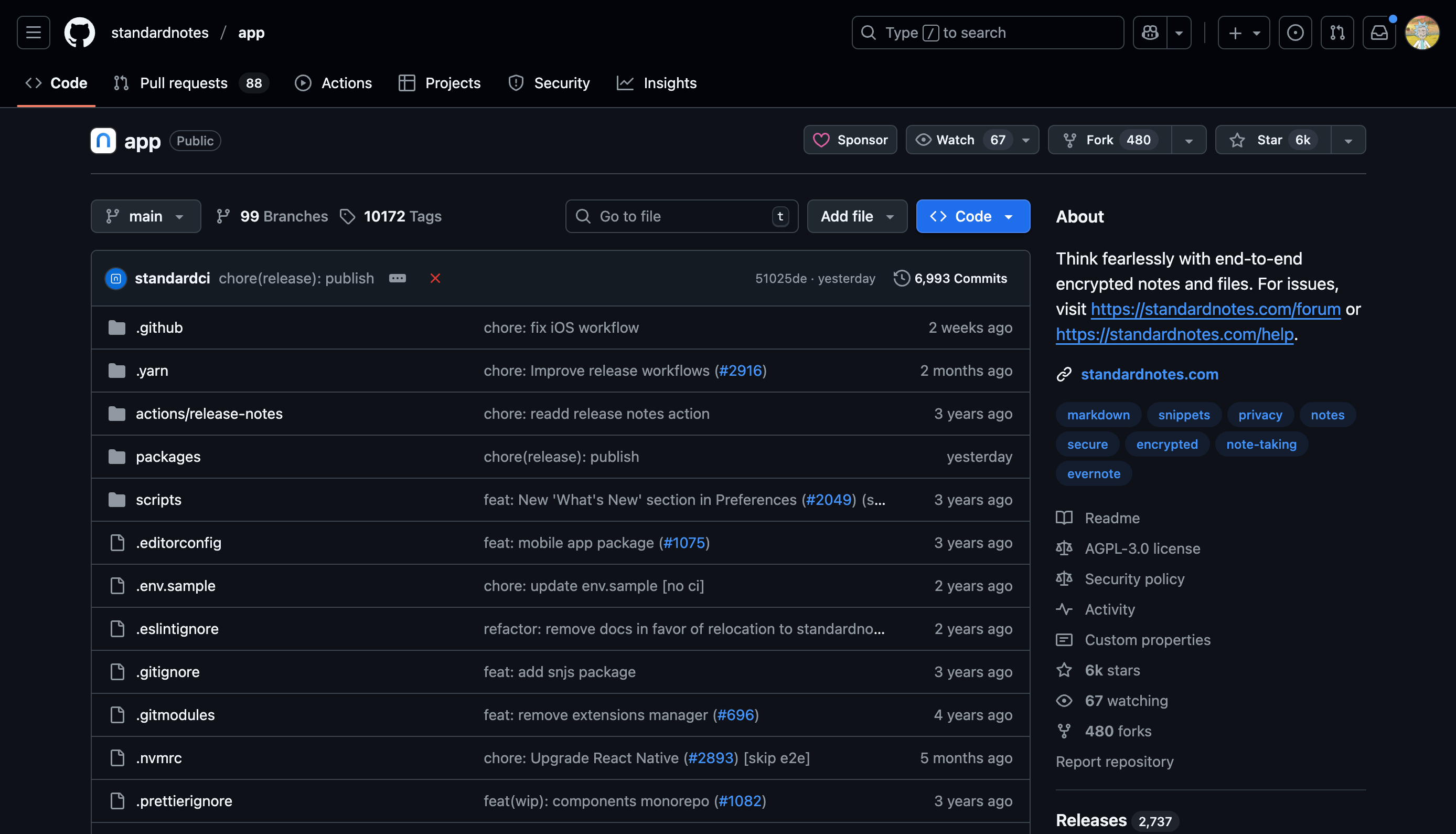 صفحه کد منبع یادداشت استاندارد در GitHub
