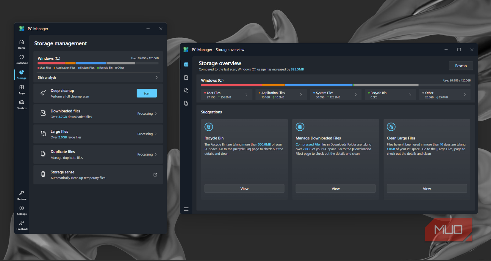 برگه ذخیره سازی در برنامه Microsoft PC Manager.