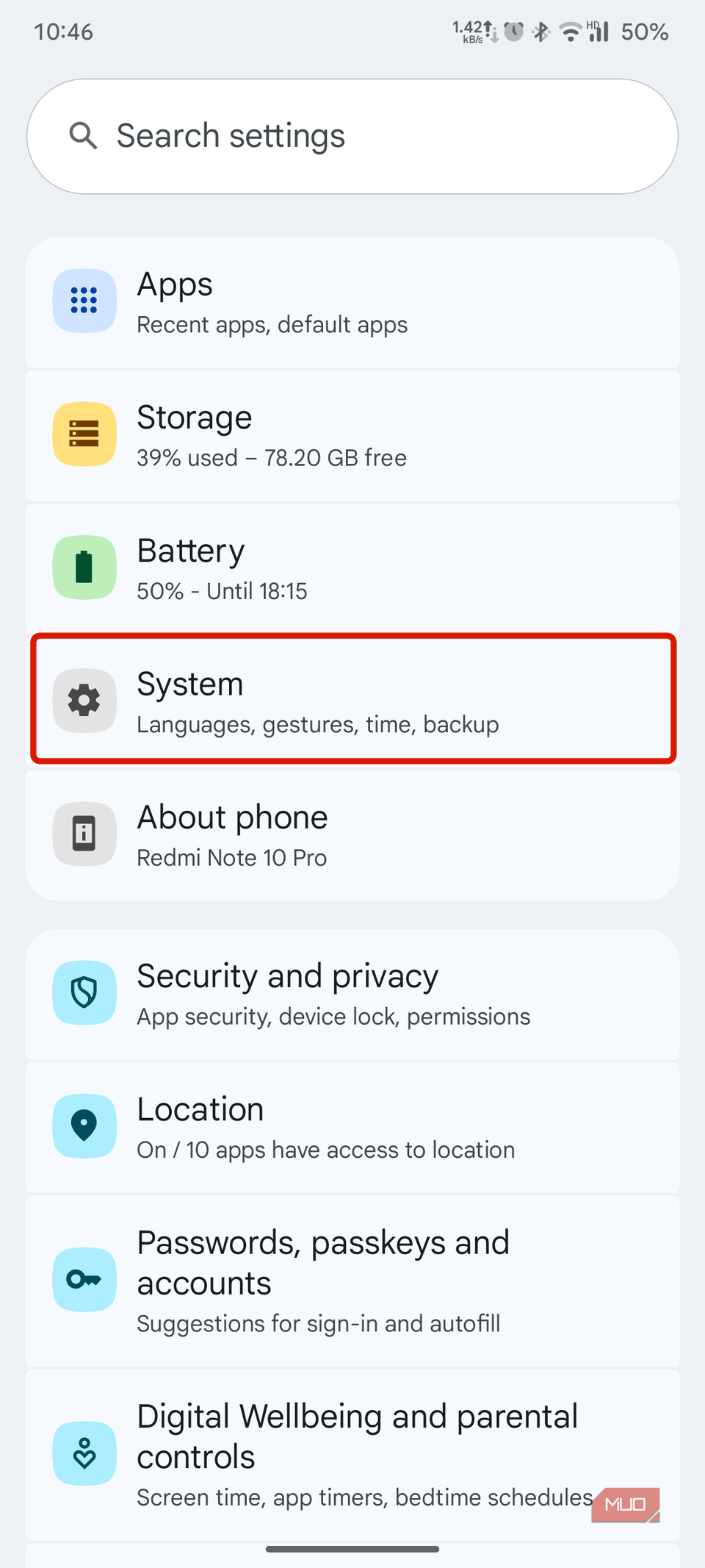 تنظیمات سیستم در برنامه تنظیمات Android.