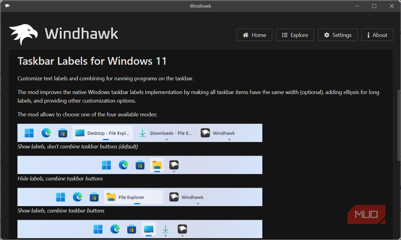 برچسب های نوار وظیفه برای حالت Windows 11 Windhawk