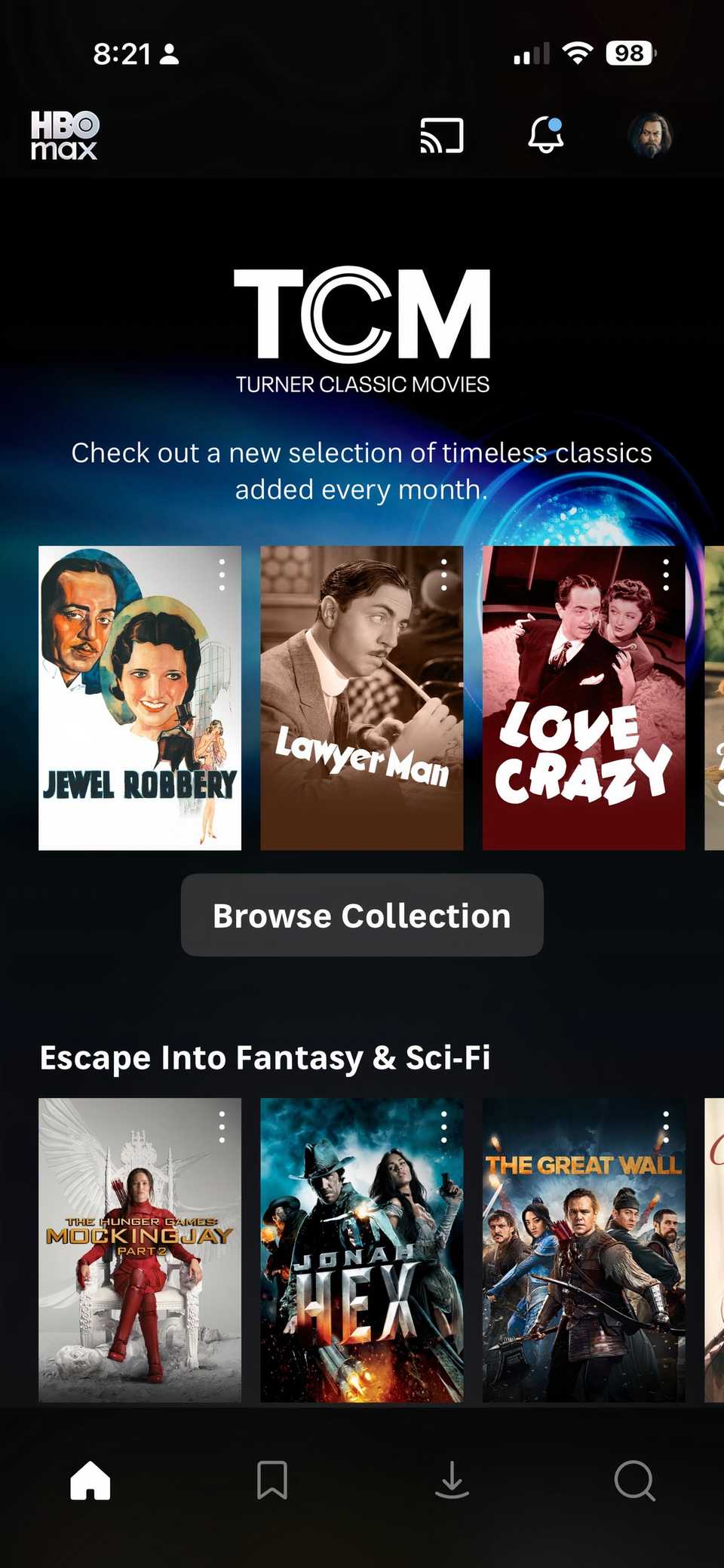 تصویر نشان می دهد محتوای TCM در برنامه HBO Max برای آیفون.