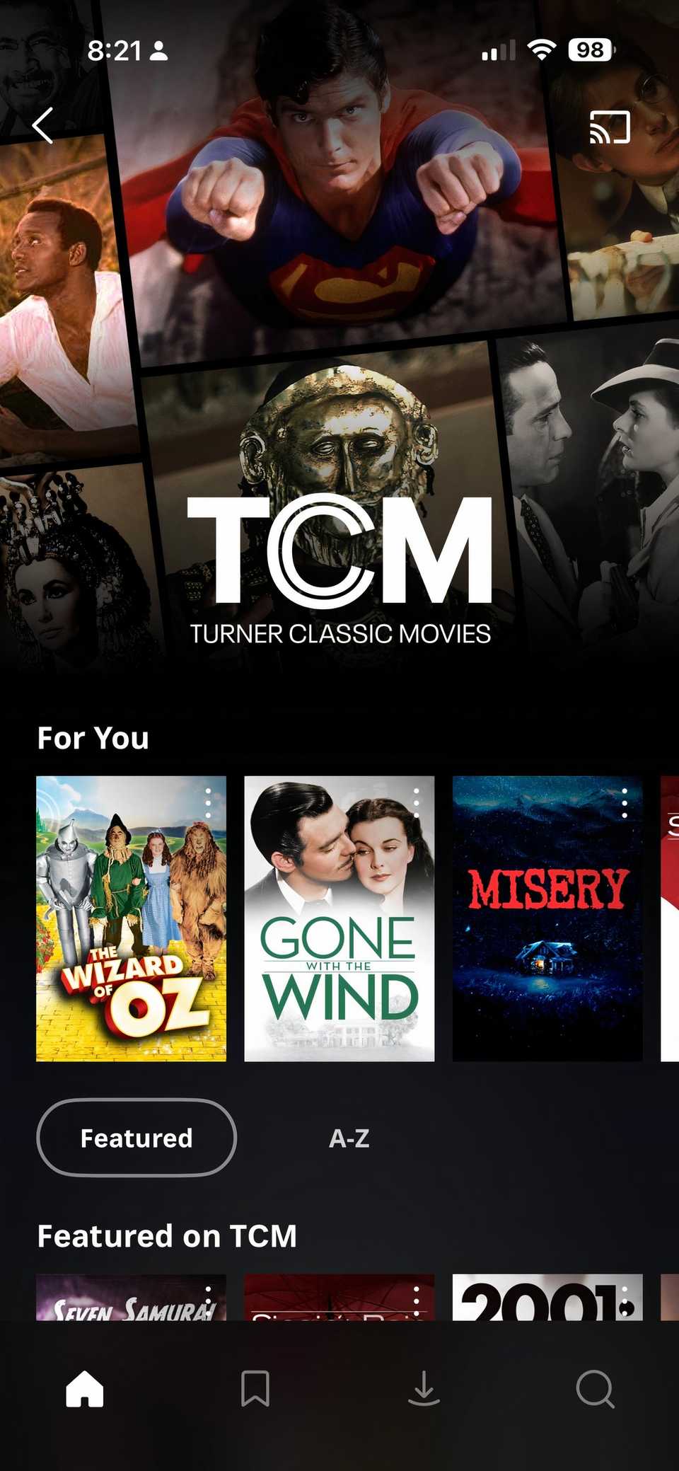 تصویر نشان می دهد محتوای TCM در برنامه HBO Max برای آیفون.