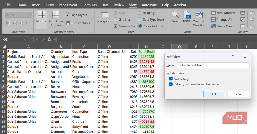 پنجره Add View در زیر نمایش های سفارشی در Microsoft Excel.