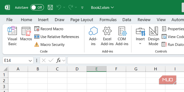 بخش "کد" از برگه "توسعه دهنده" در اکسل