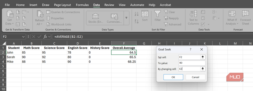 پنجره Seek Seek در Microsoft Excel.