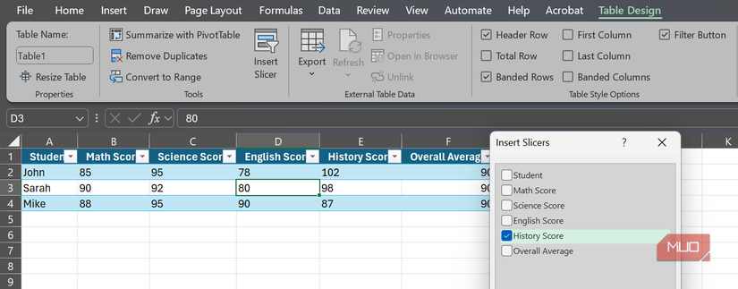پنجره Slicers Insert در Microsoft Excel.