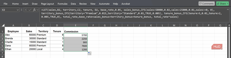 نتایج فرمول let و ifs در مایکروسافت اکسل.