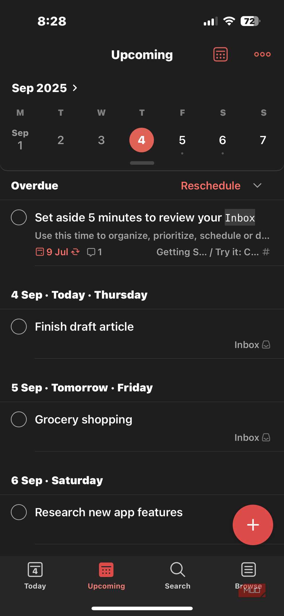 Todoist نشان دادن وظایف به تأخیر و آینده.-1