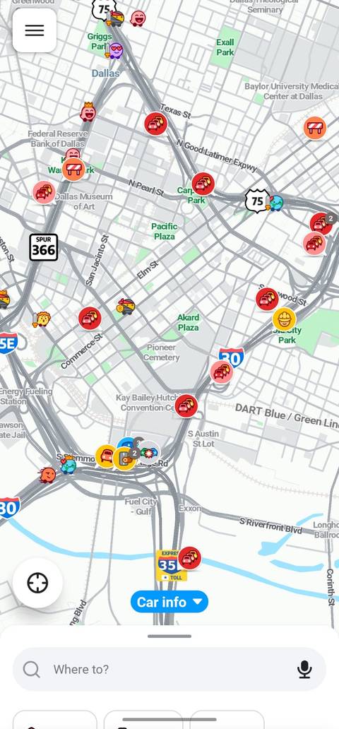 ترافیک در دالاس تگزاس ، که در Waze نشان داده شده است
