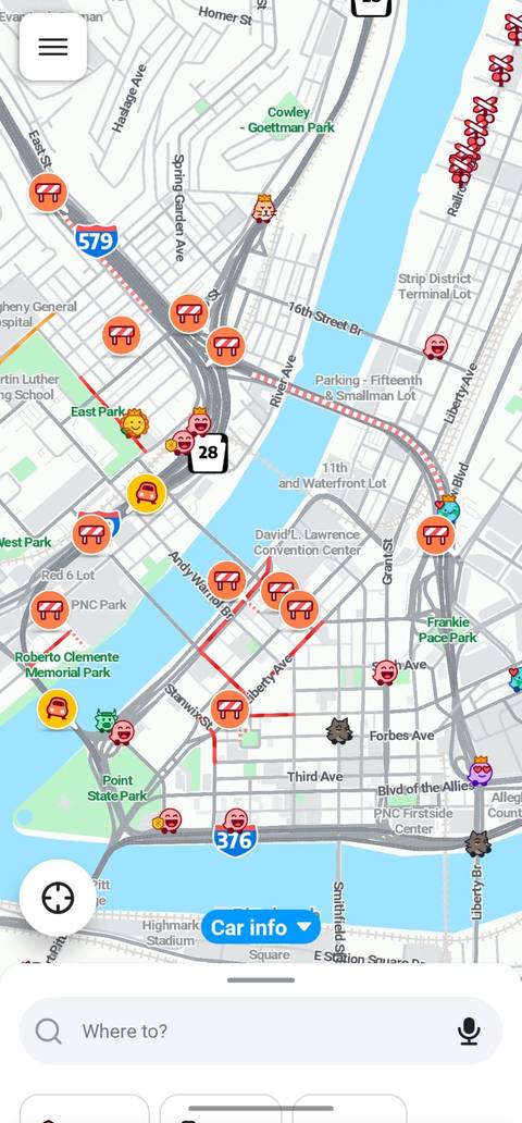 ترافیک در پیتسبورگ پنسیلوانیا ، که در Waze نشان داده شده است
