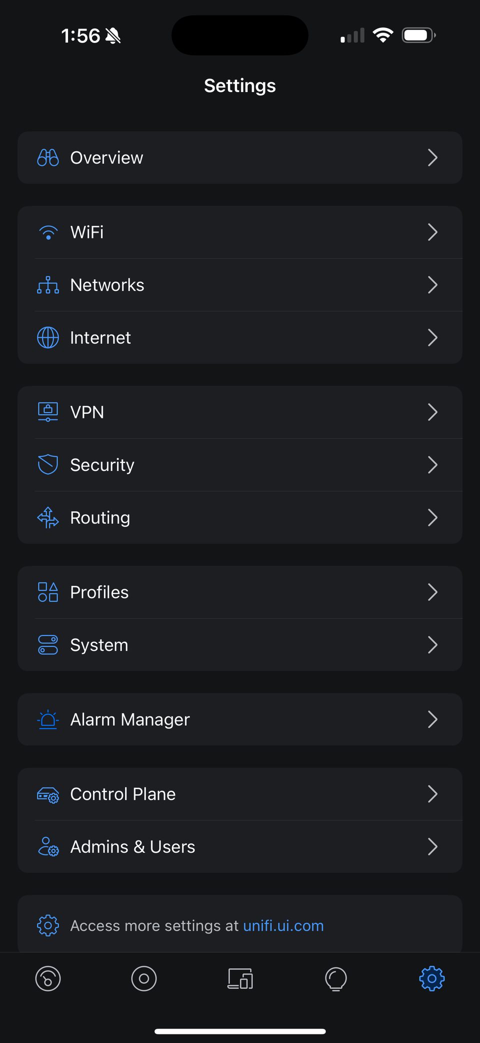 منوی تنظیمات برنامه unifi