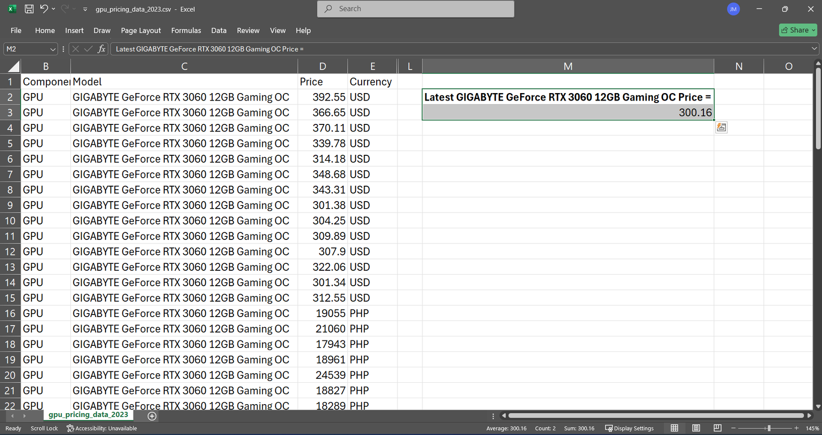 با استفاده از XLookup برای جستجوی قیمت GPU به روز شده