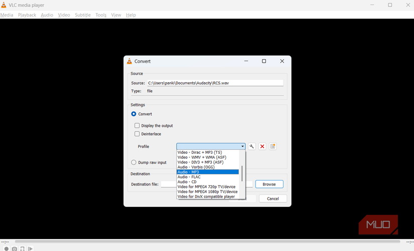 VLC گزینه های مبدل فایل را نشان می دهد