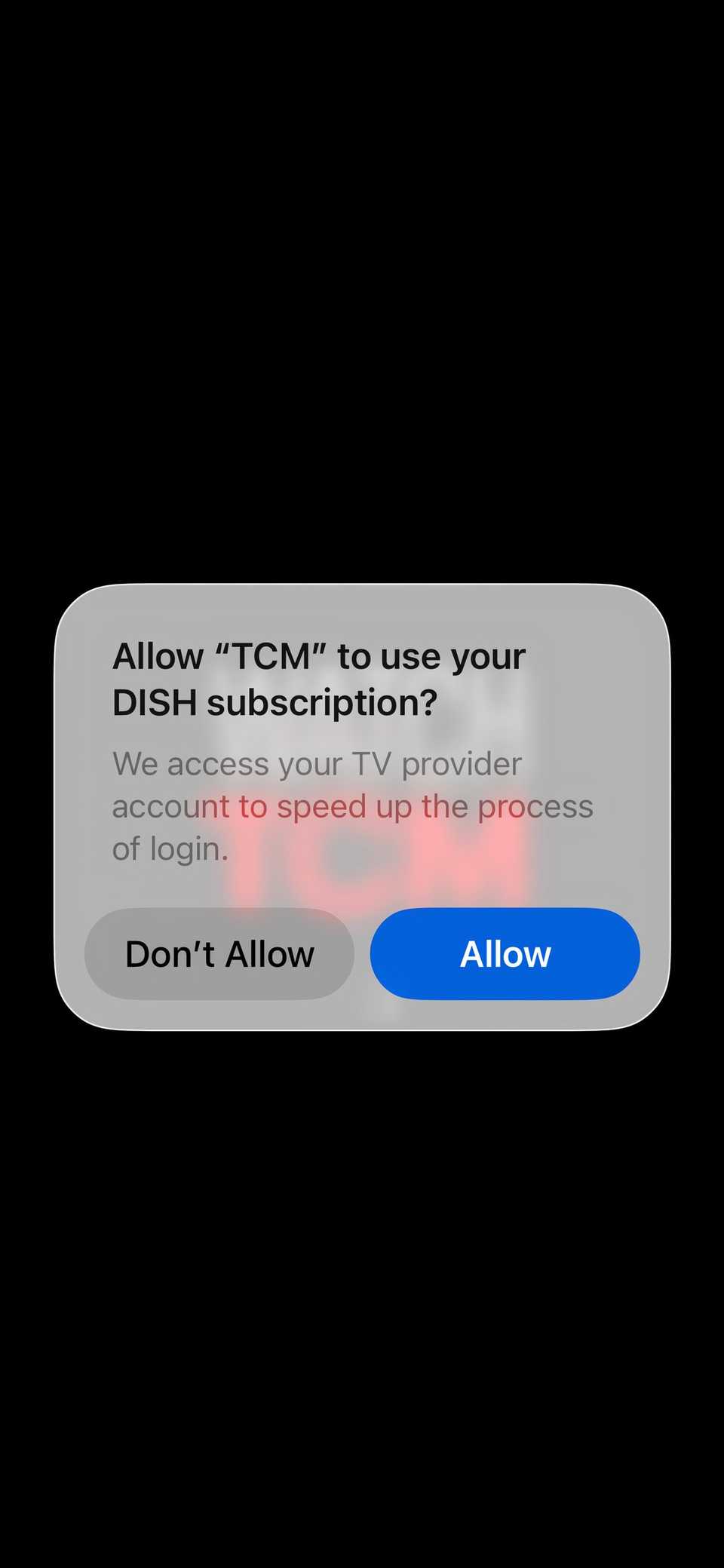 تصویر نشان می دهد تأیید هویت "تلویزیون در هر نقطه" برای تماشای TCM در iOS.