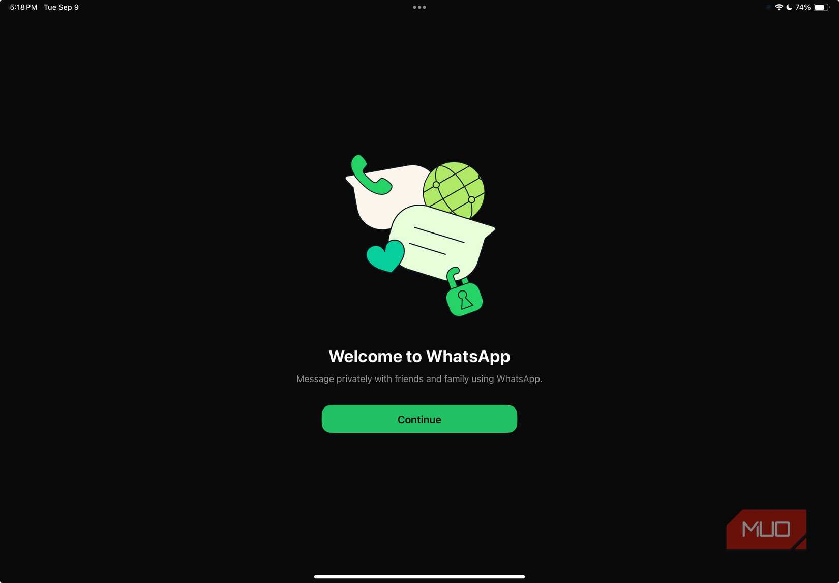 برنامه WhatsApp در iPad که صفحه خوش آمدید را نشان می دهد