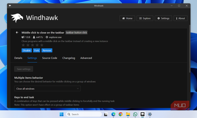 Windhawk Middle برای بستن ماژول برنامه ها کلیک کنید