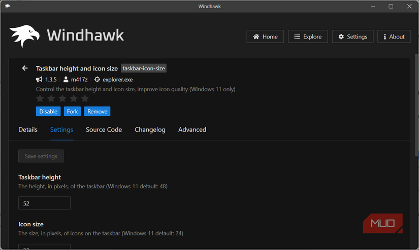 ارتفاع نوار وظیفه Windhawk و اندازه نماد