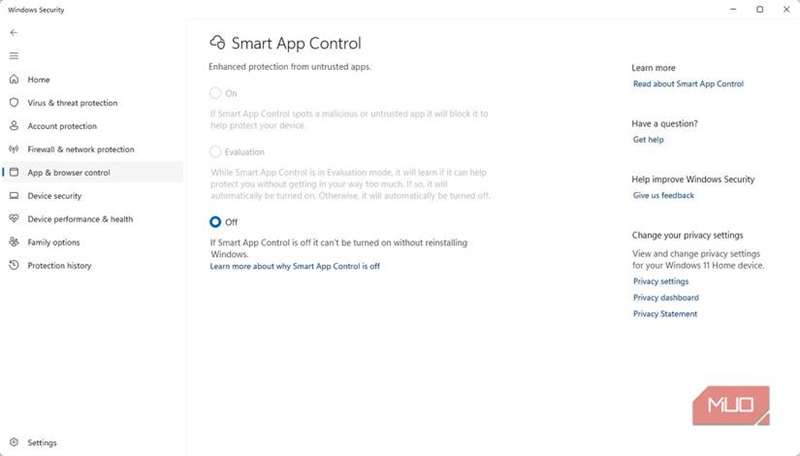 تنظیمات کنترل برنامه هوشمند ویندوز 11