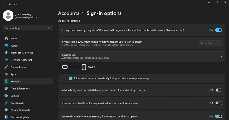 تنظیم ویژگی قفل پویا ویندوز
