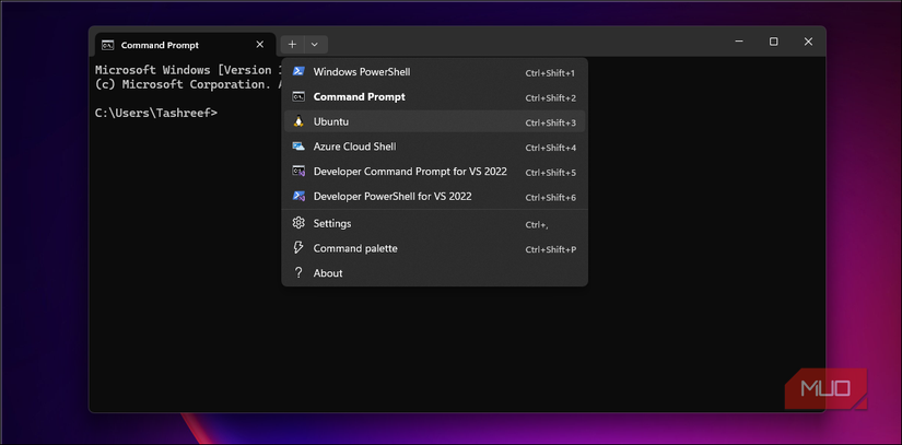 رابط ترمینال ویندوز که چندین گزینه پوسته از جمله Command Prompt ، PowerShell ، Ubuntu و Azure Cloud Shell را نشان می دهد