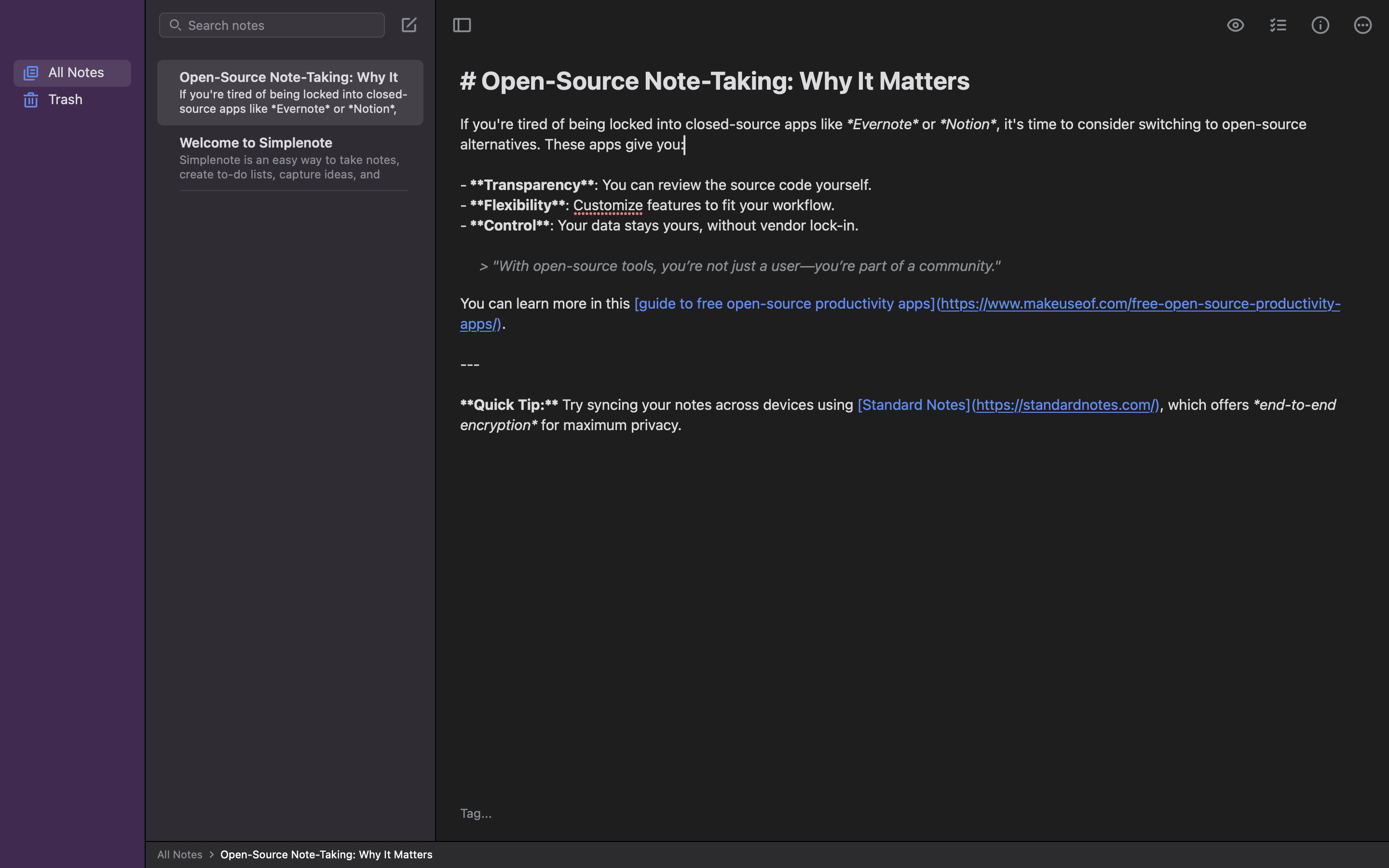 نوشتن یادداشت در قالب Markdown در Simplenote