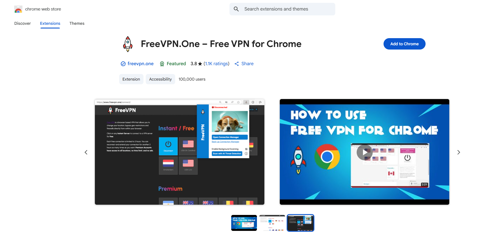 صفحهٔ Chrome Free VPN One
