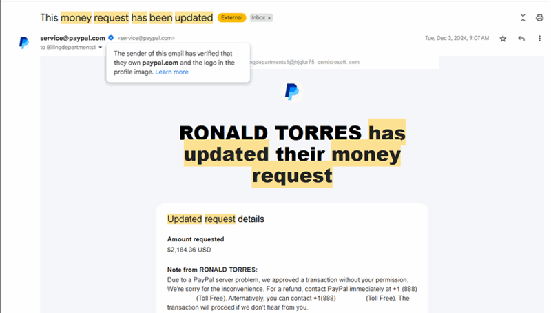 ایمیل کلاه‌برداری فاکتور پی‌پال