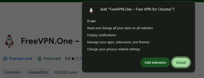 پاپ‑آپ افزونهٔ Free VPN One