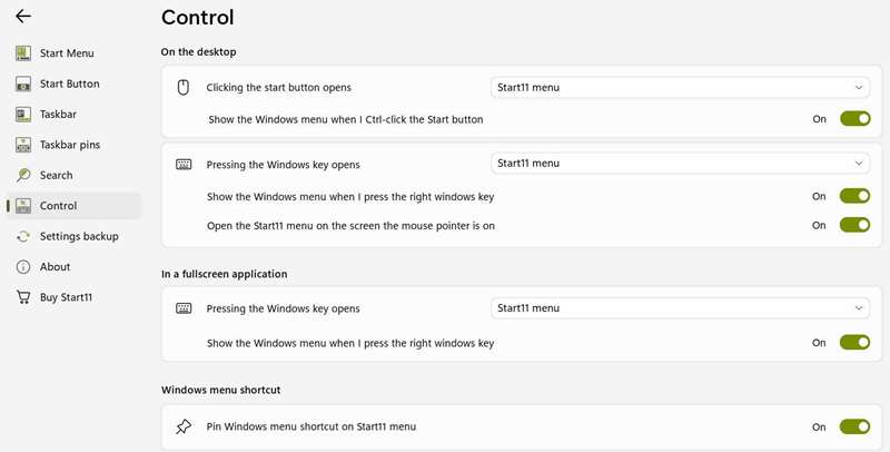 سفارشی‌سازی تنظیمات کنترل در برنامه Start11