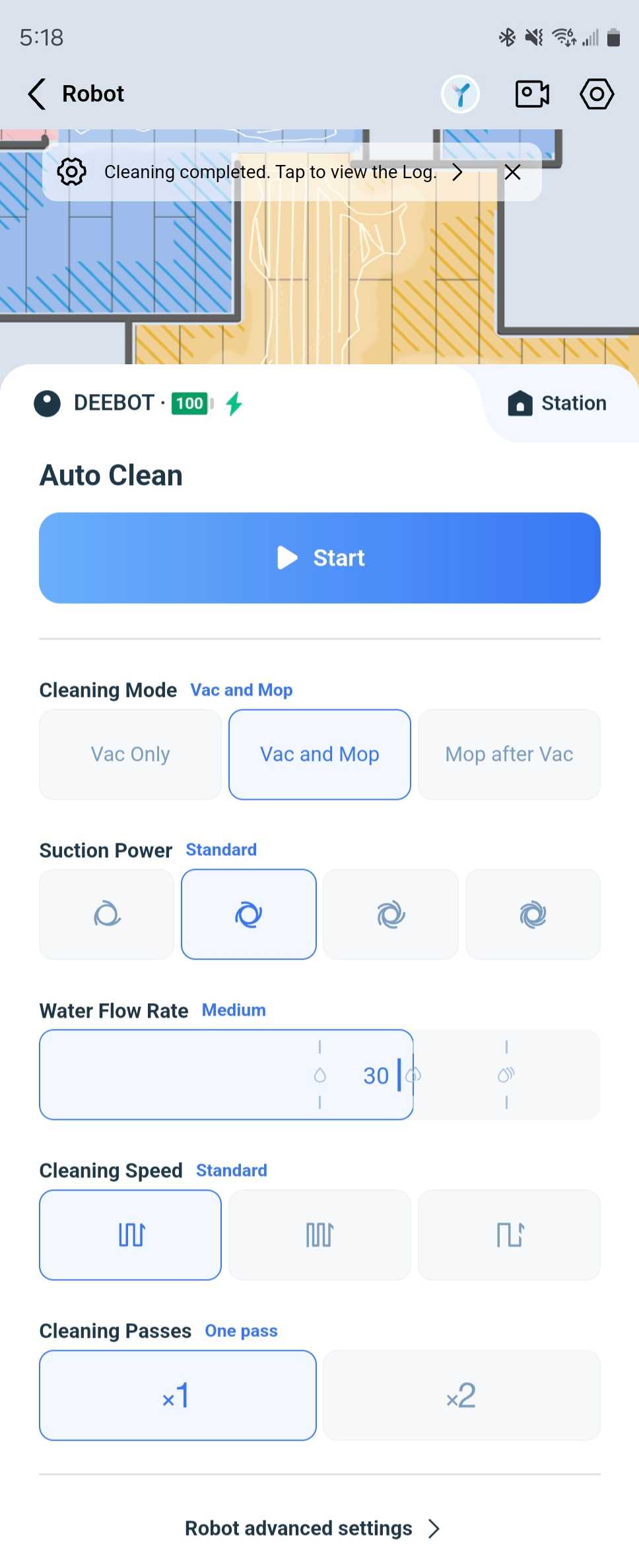 گزینه‌های DEEBOT X8 PRO OMNI در برنامه Ecovacs