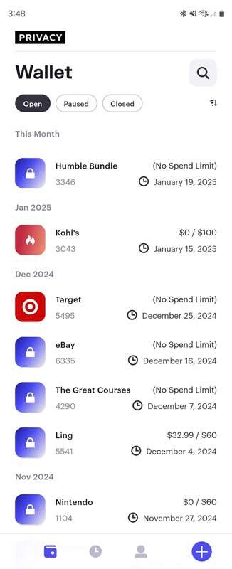 فهرستی از کارت‌های پرداخت موقت در برنامه Privacy