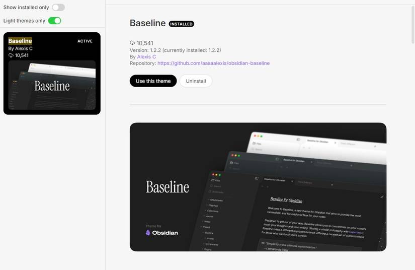 تم Baseline در مرورگر تم‌های Obsidian