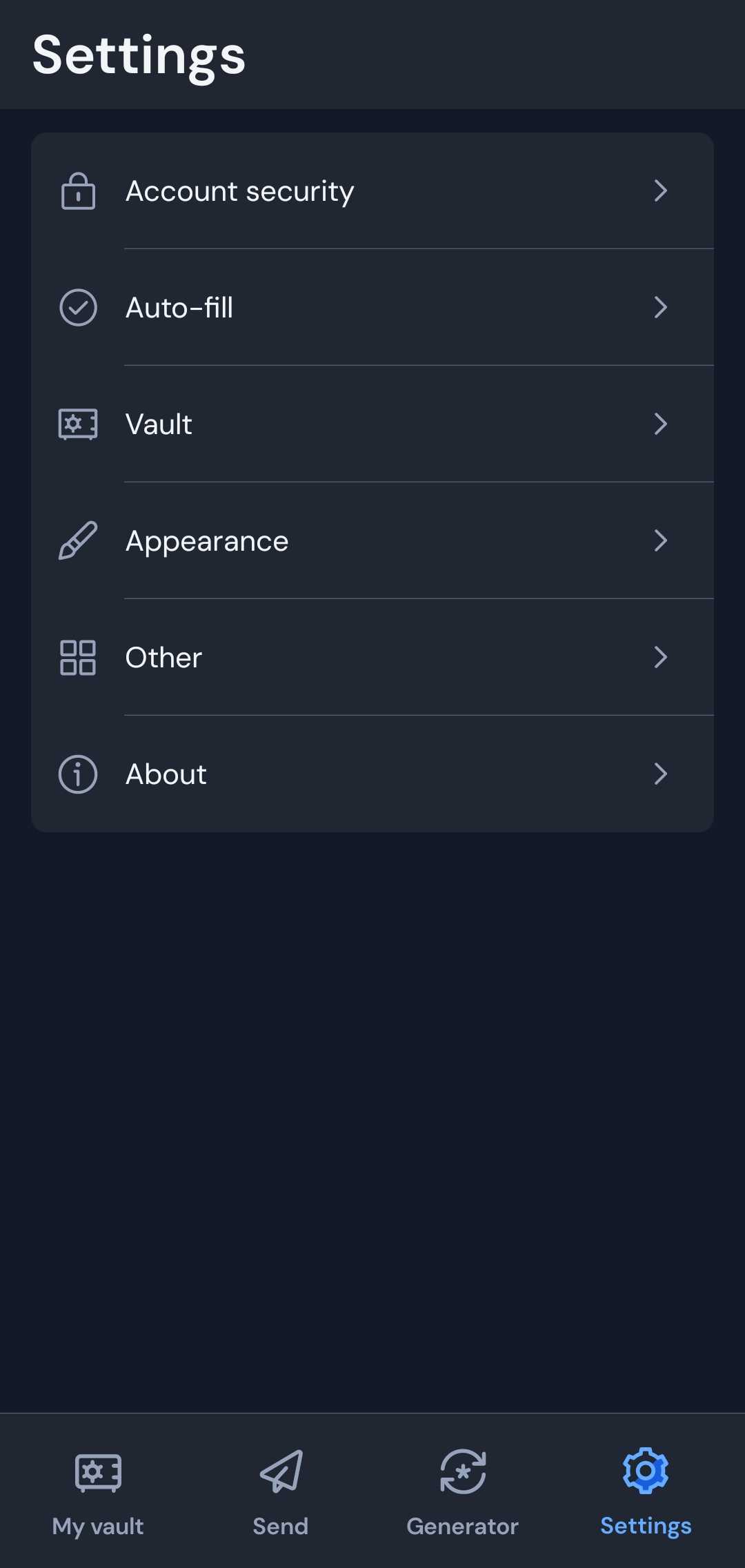 صفحه تنظیمات Bitwarden در اندروید